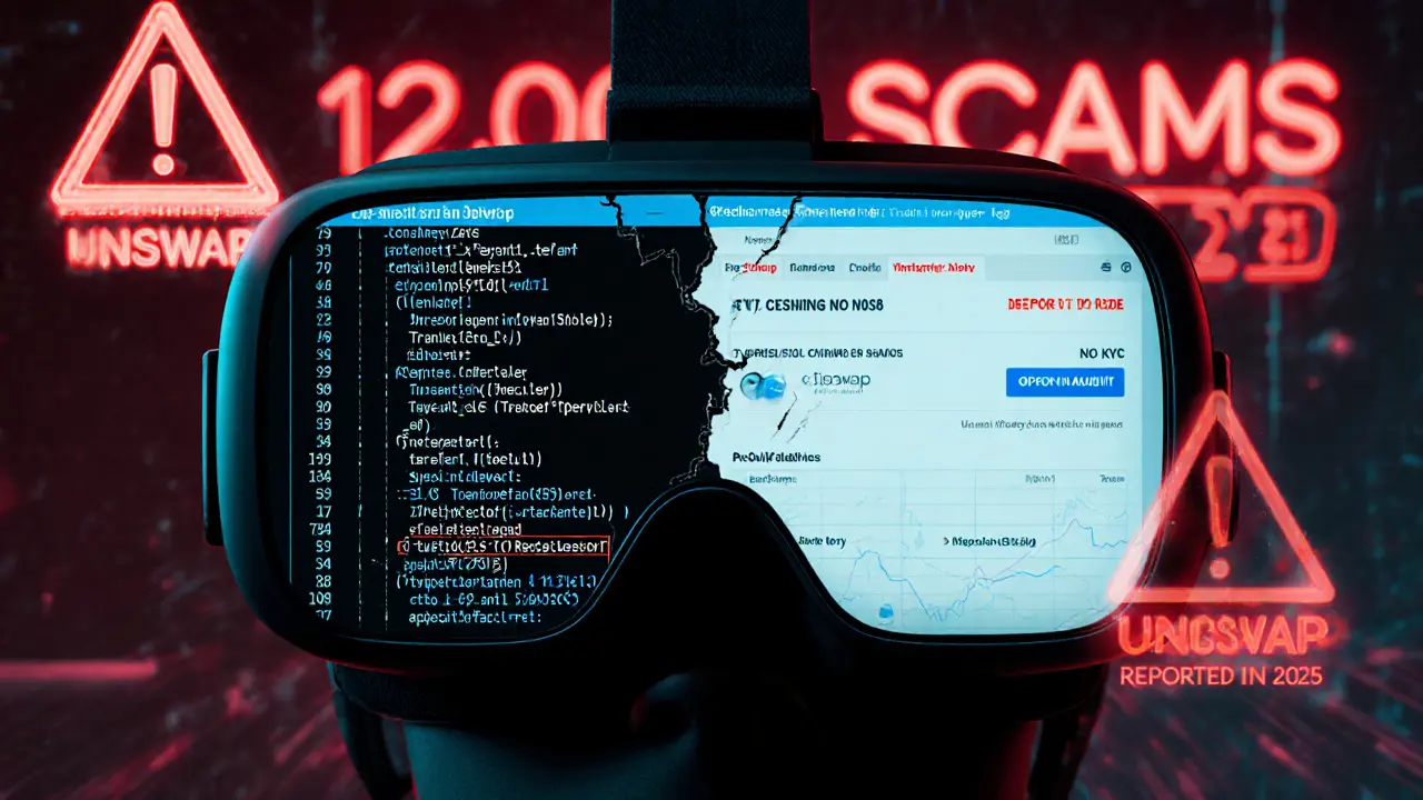 VR headset display showing verified Uniswap code vs. fake IslandSwap interface with scam warnings.