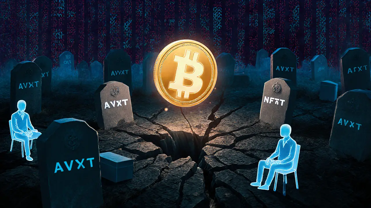 A digital graveyard where the AVXT token floats alone among tombstones of failed crypto projects.