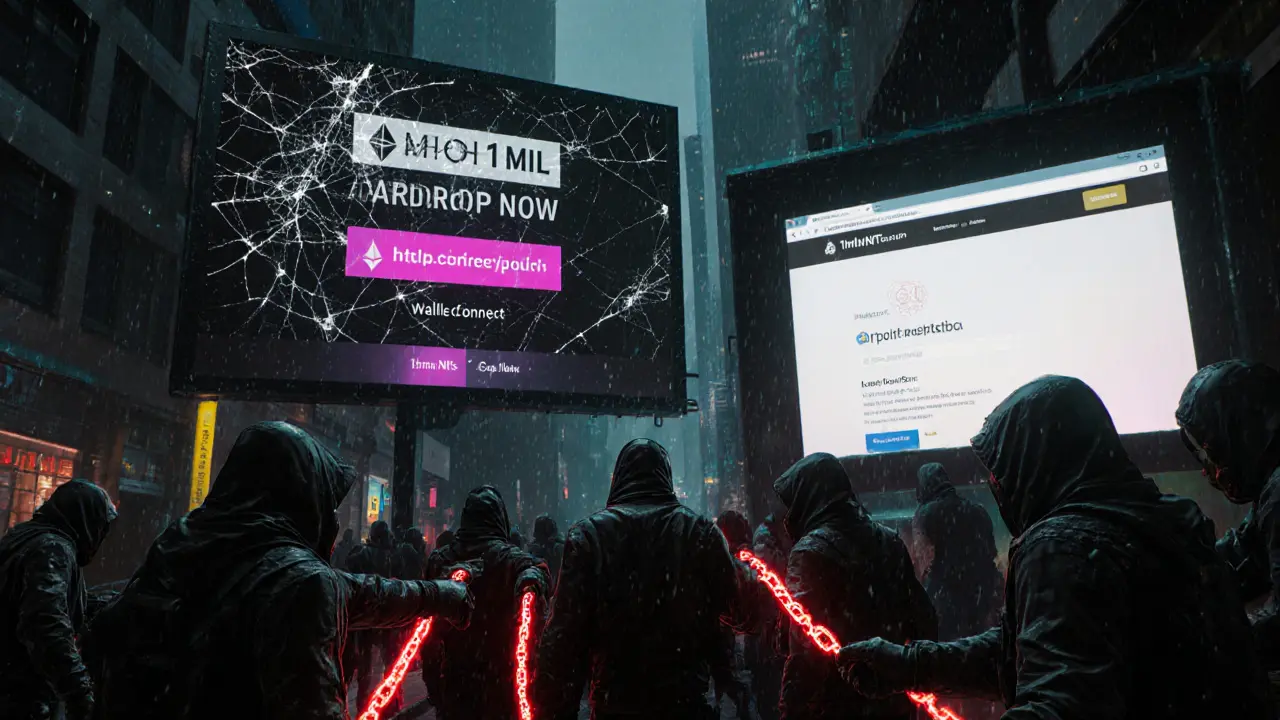 A fake airdrop billboard draining wallets in a rainy cybercity, while a real website glows quietly nearby.
