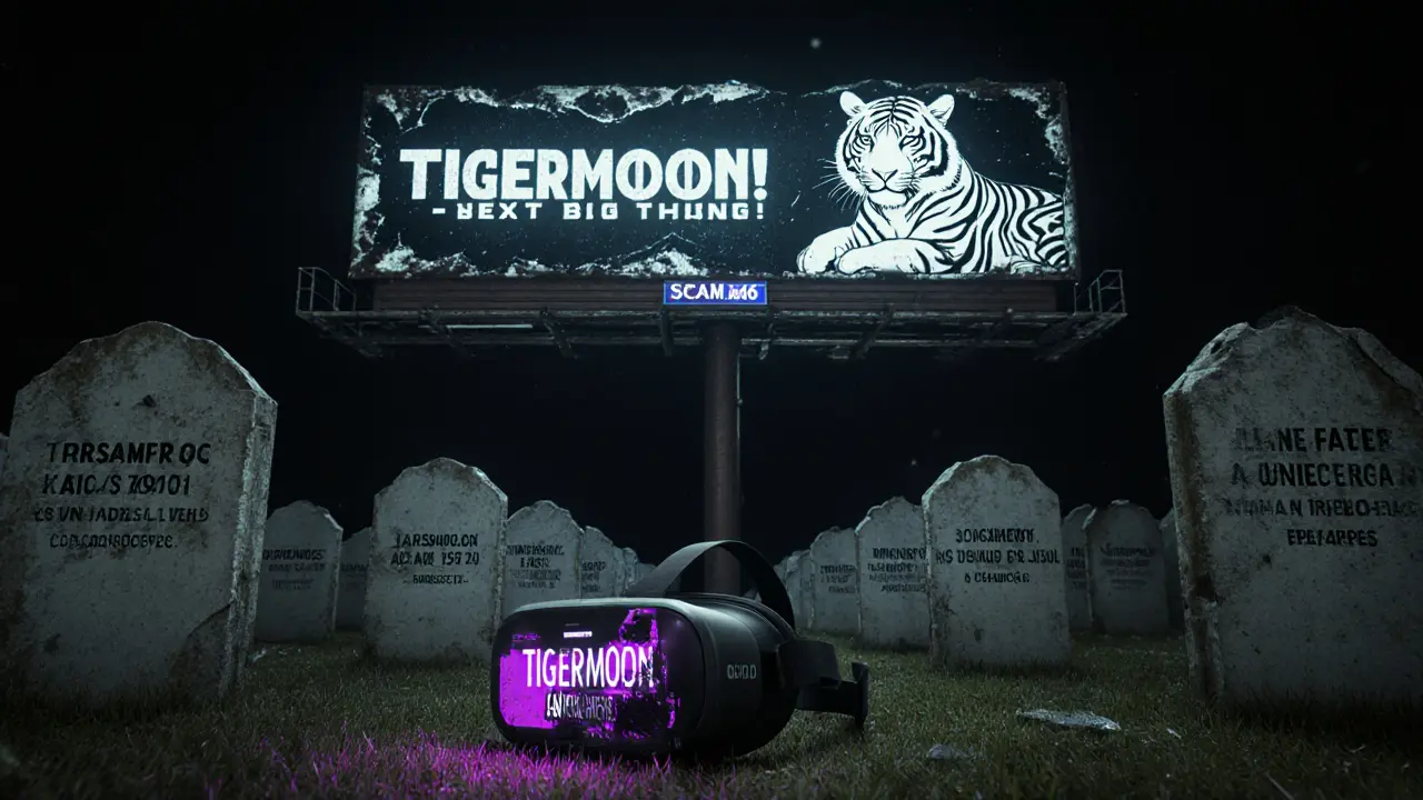 A graveyard of crypto wallets with tombstones marked &#039;LAST SOLD: NEVER&#039;, and a broken VR headset displaying a transaction error.