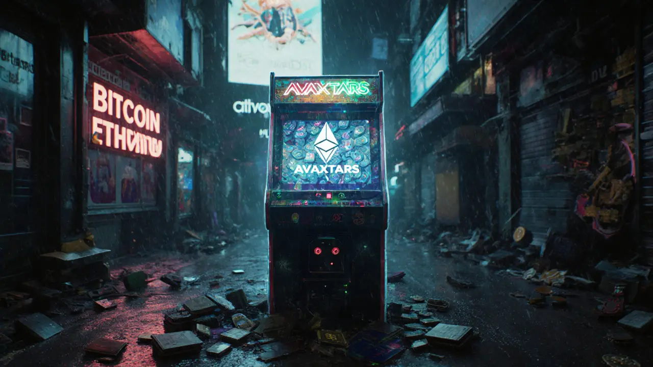A lone Avaxtars arcade terminal in a neon cybercity, overshadowed by massive crypto ads and decayed tech debris.