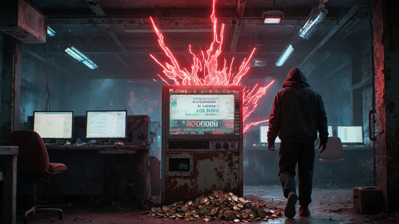 A lone crypto trading screen shows CHMB at <h2>Is Chumbi Valley dead?</h2>.000004 amid empty chairs and dead monitors.