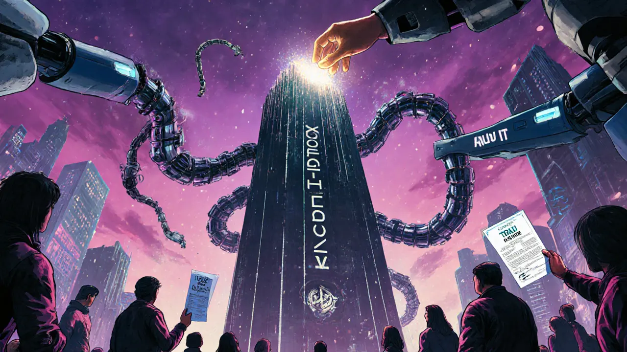 A towering blockchain fortress under collaborative AI and human audit systems, with outdated security certs crumbling below.