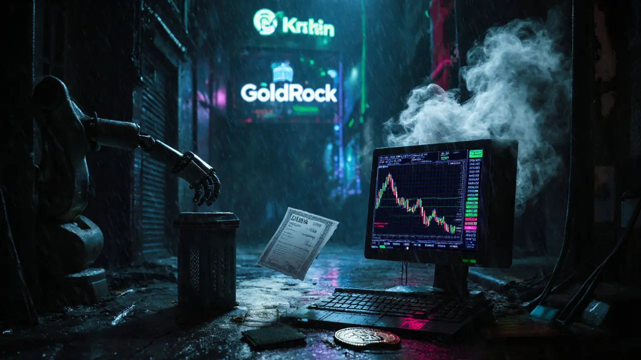 Abandoned Kraken terminal with DHRX chart, robotic arm shredding stock certificate under holographic finance logos.