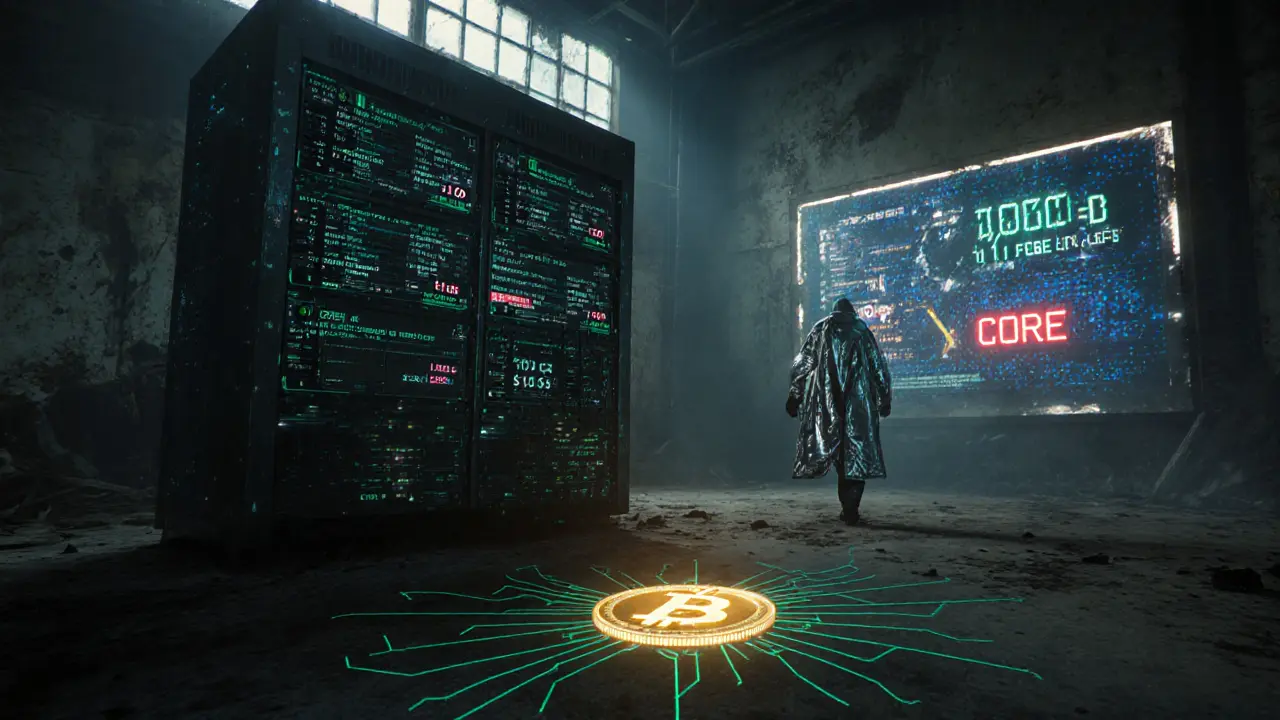 Abandoned mining rig with flickering Core blockchain stats, a glowing CORE token on the floor.