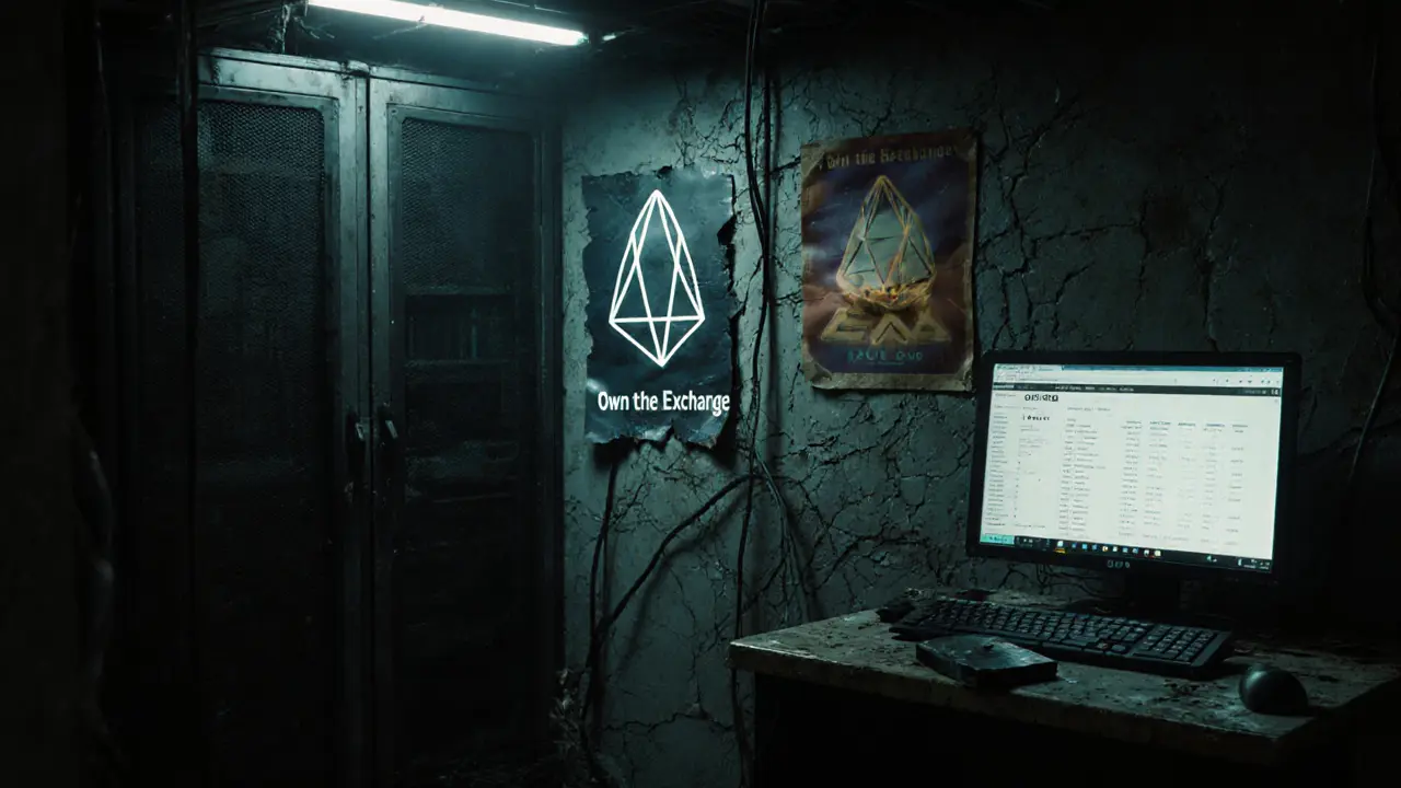 Abandoned server room with a dead EXP token blockchain display and broken hardware.