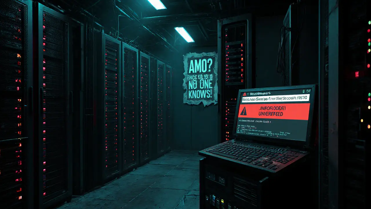 Abandoned server room with a dead NinjaSwap terminal and a red &#039;UNVERIFIED&#039; warning glowing in the dark.
