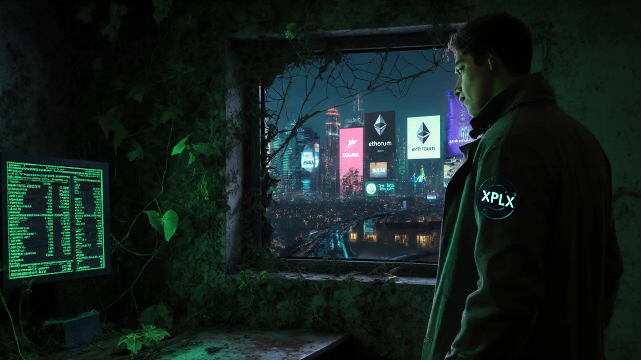 Abandoned server room with glowing XPLA stats, overgrown with vines, while city ads for Ethereum and Solana loom outside.