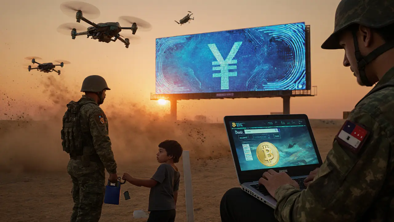 Algerian border officer confiscating a laptop with a Bitcoin wallet, hidden USB being passed to a child.