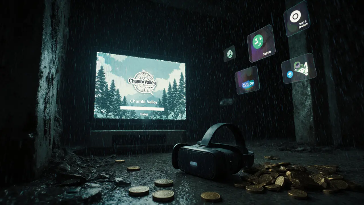 An abandoned gaming terminal displays a frozen &#039;Please wait...&#039; screen in a dark data center.