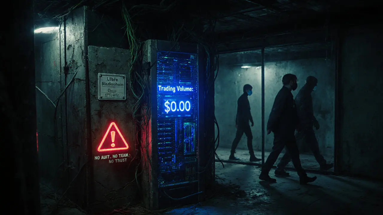 An abandoned server room with a dead Libre Swap terminal displaying zero trading volume in a dark data bunker.