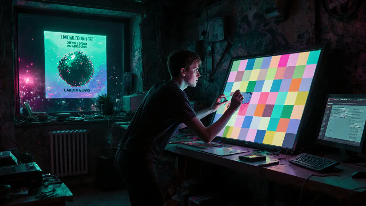 An artist painting on a digital canvas in a hacker loft, with a separate screen showing Monad NFTs.