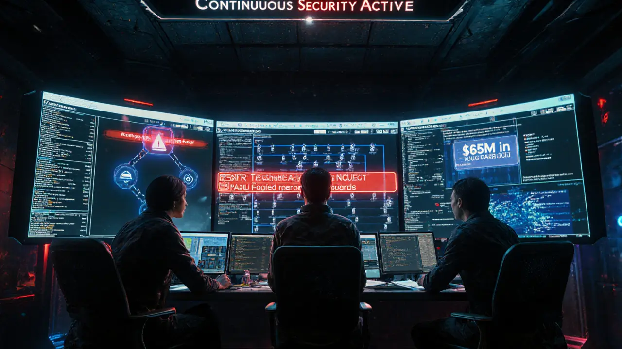 Analysts in a command center watching live blockchain threats with real-time security alerts glowing on holographic screens.