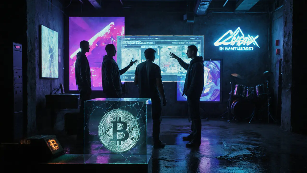 Artists and developers interacting with holographic tokenized music and film contracts in a dim, neon-lit studio.