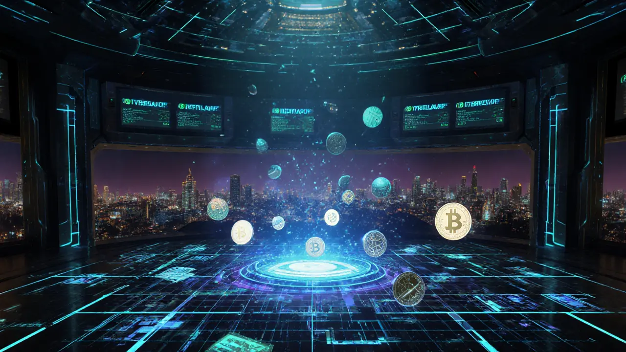 Community governance chamber with glowing NFTs projecting voting orbs above an AI core.