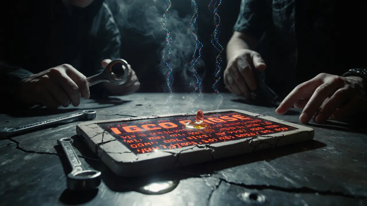 Cracked tablet showing a 12-word seed phrase, shadowy figures reaching, oil drop distorting the words.