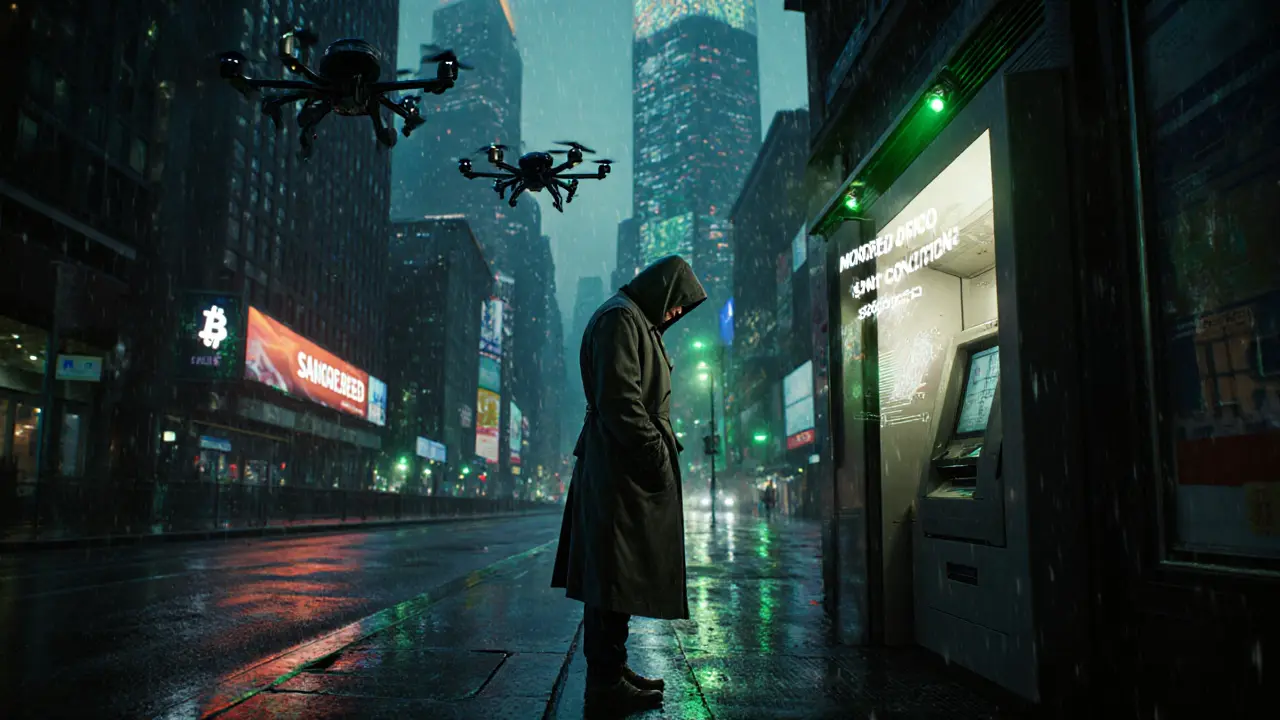 Criminal at hidden ATM converting Monero as holographic sanctions alert flashes on wet pavement.