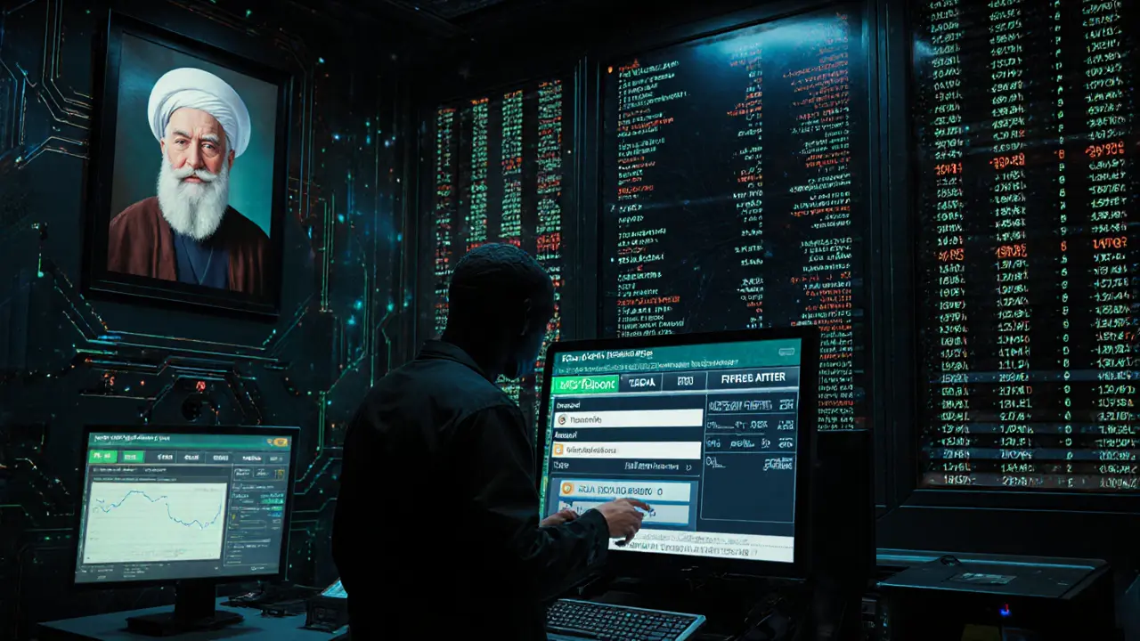 Crypto exchange operator converting Bitcoin to USDT and DAI under surveillance in cyberpunk city.