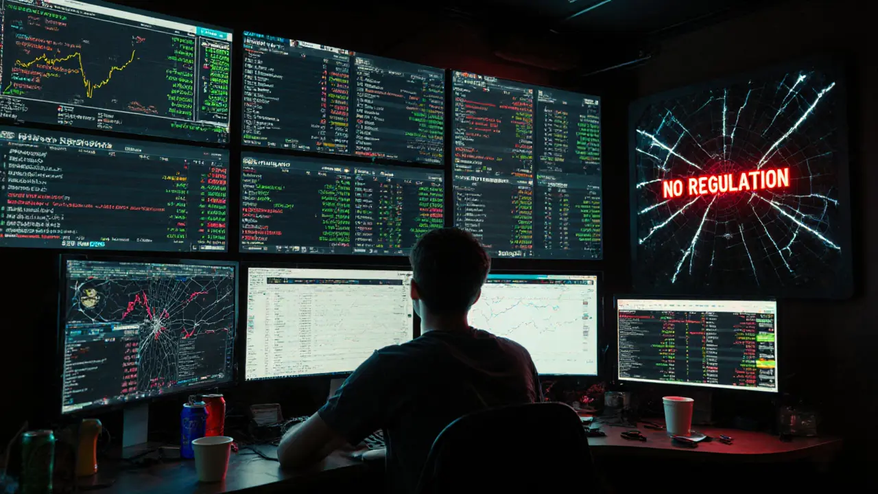 Cyber-cafe with holographic trading screens and a &#039;NO REGULATION&#039; warning in binary.