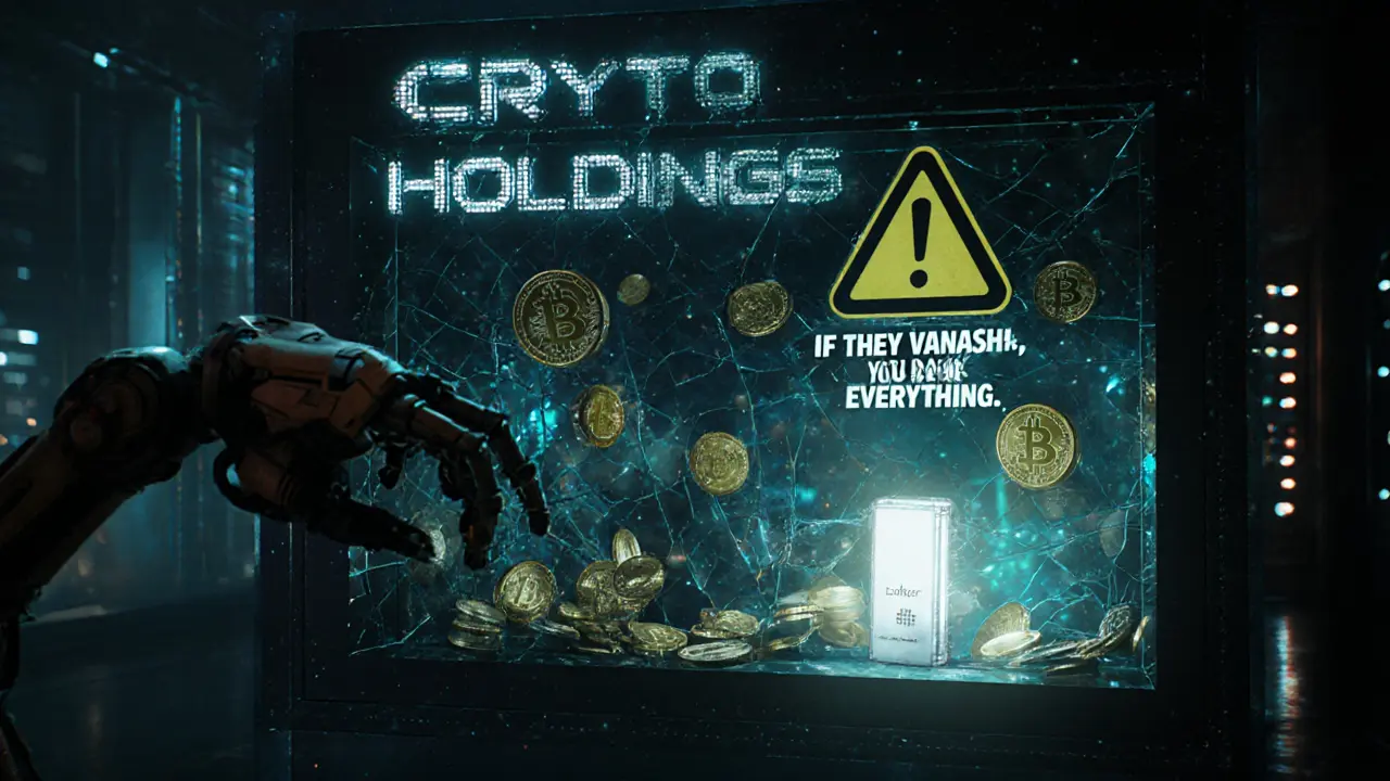 Flickering crypto vault with a secure hardware wallet glowing safely in the shadows.