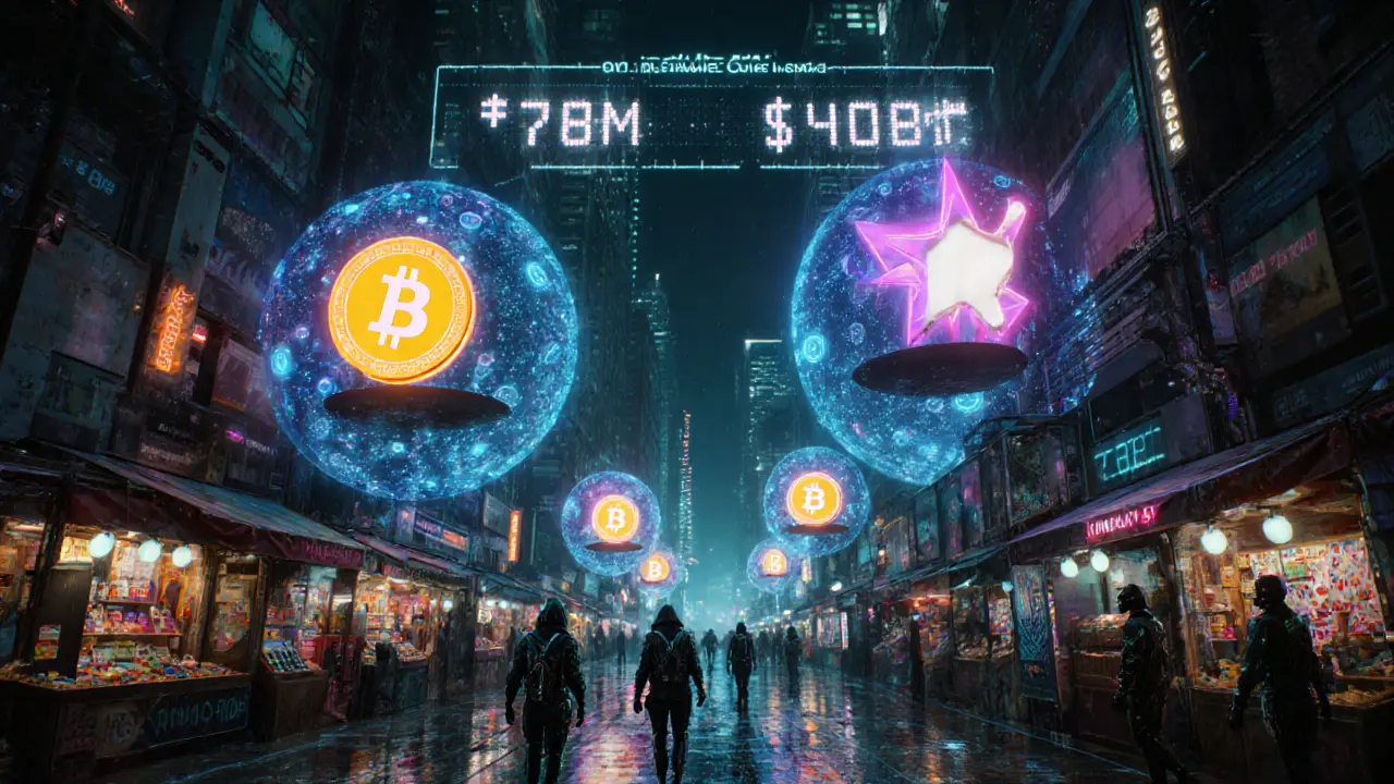 Futuristic neon marketplace with holographic BRC-20 tokens and users transferring Bitcoin NFTs in a cyber city.