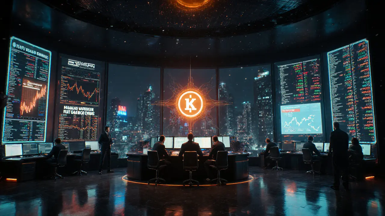 Futuristic OKX Exchange trading floor with holographic crypto charts and traders under pulsing neon lights.