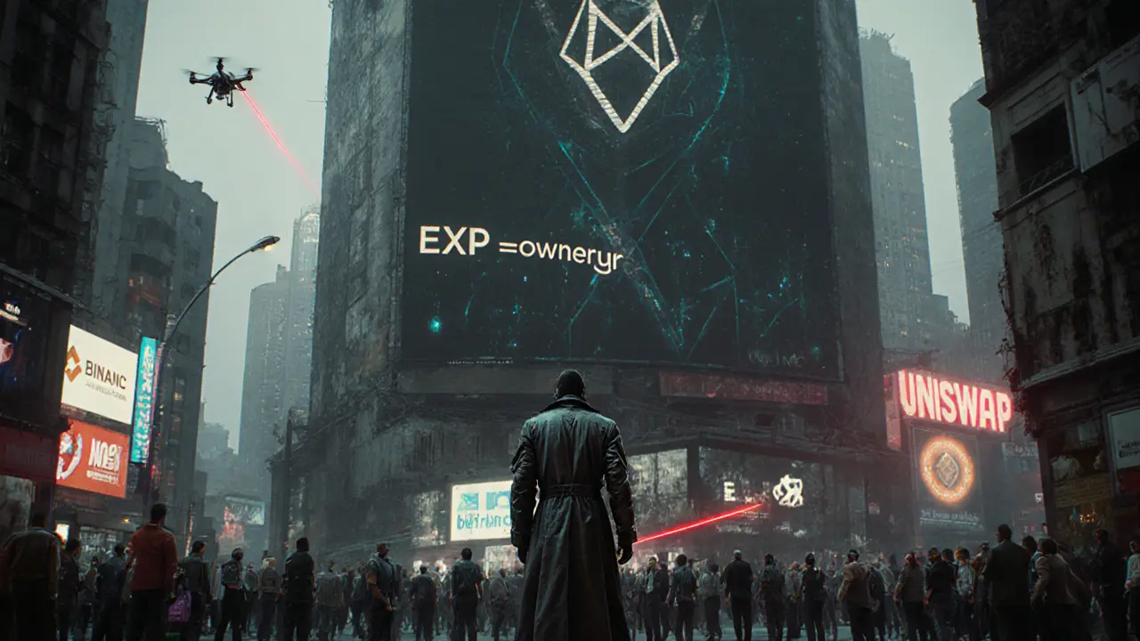 Giant dead EOSex billboard in a cyberpunk city, overshadowed by active crypto ads.