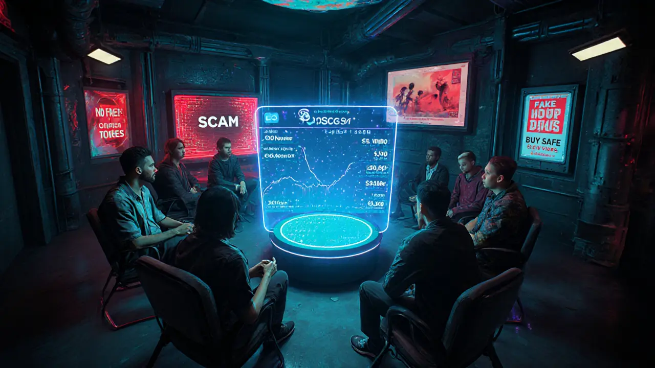 Group watching real LEON token activity on hologram, scam alerts flashing on walls.