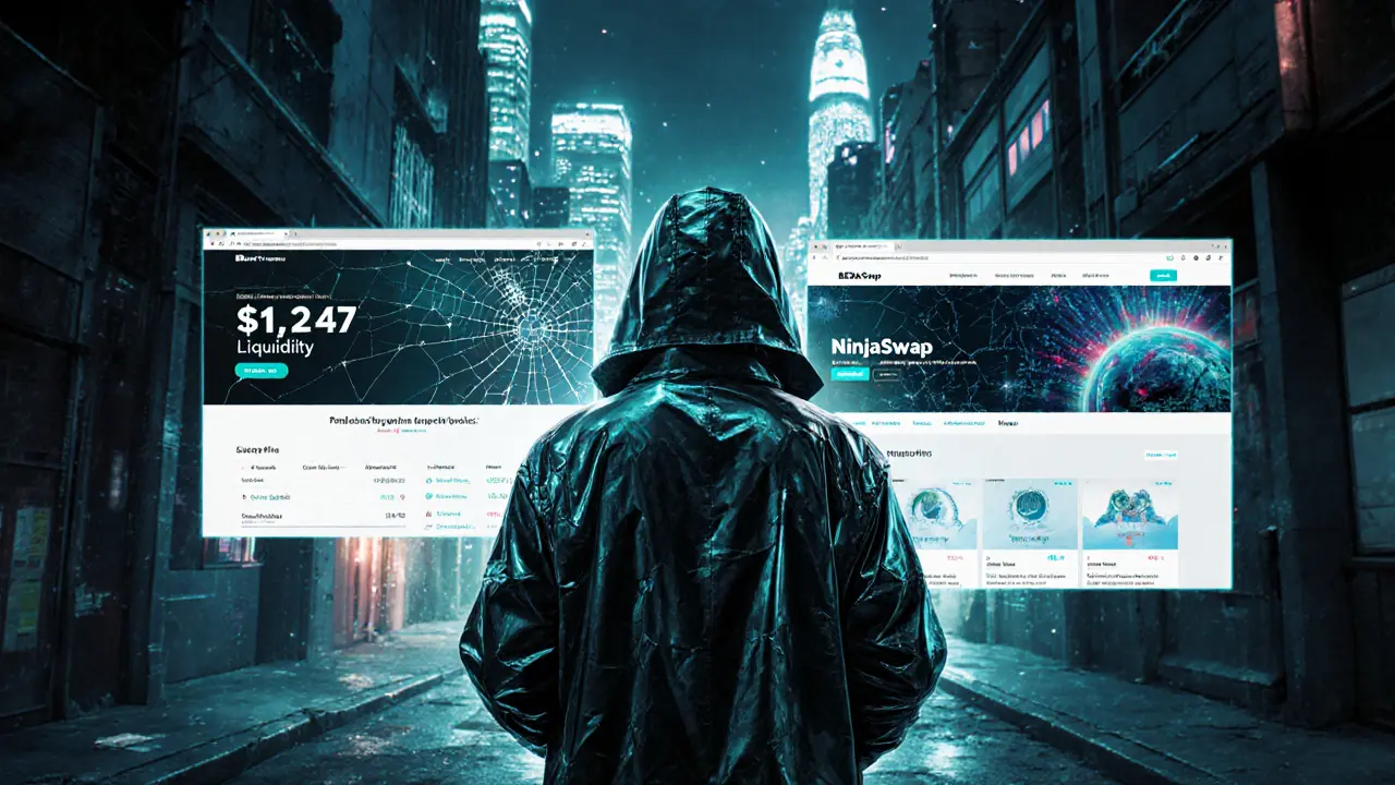 Hacker facing a dim AR screen showing zero volume for NinjaSwap, while giant DEXs glow in the distance.