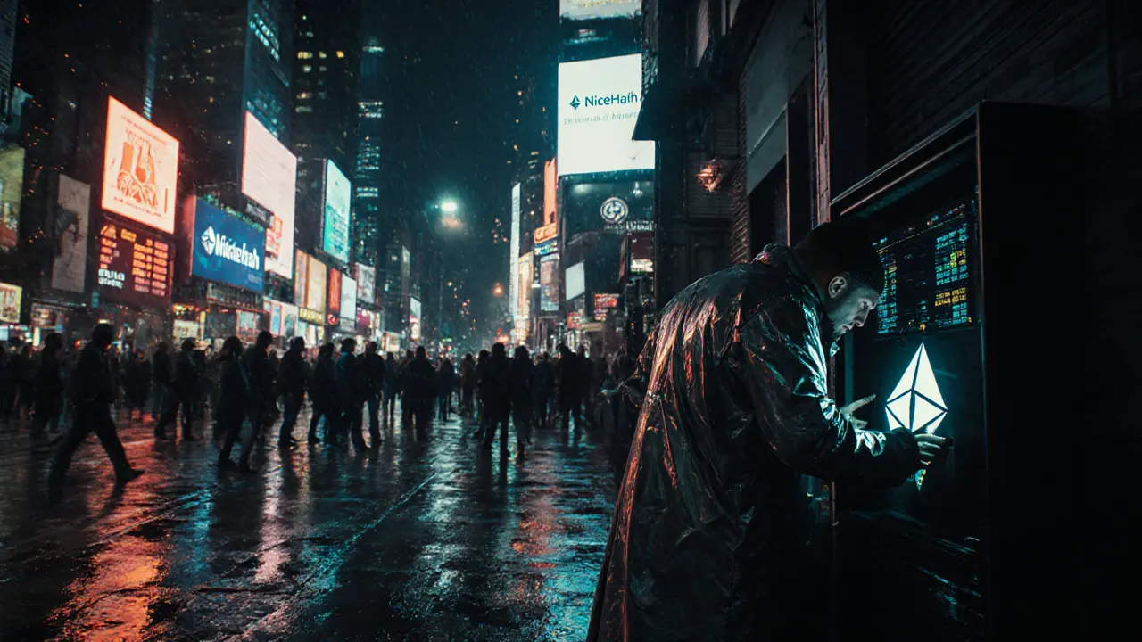 Hacker renting hash power in a rain-soaked alley as cryptocurrency prices crash in the background.