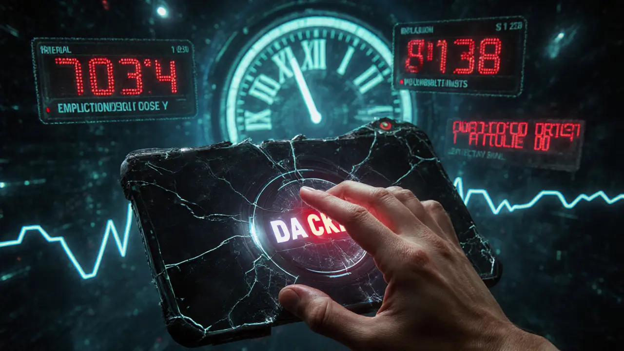 Hand hesitating over manual crypto buy button while automated DCA system glows nearby with fee warnings.