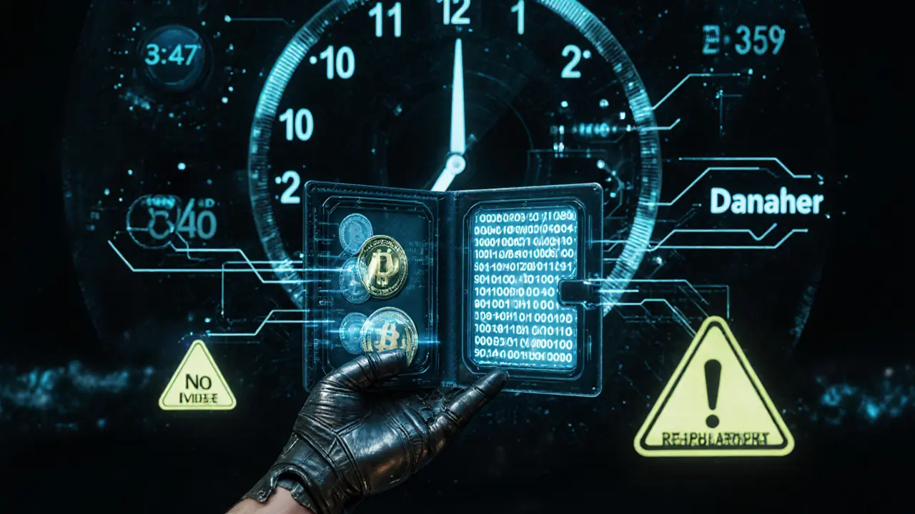 Hand holding digital wallet showing DHRX tokens linked to real stock vault, global time zones glowing behind.