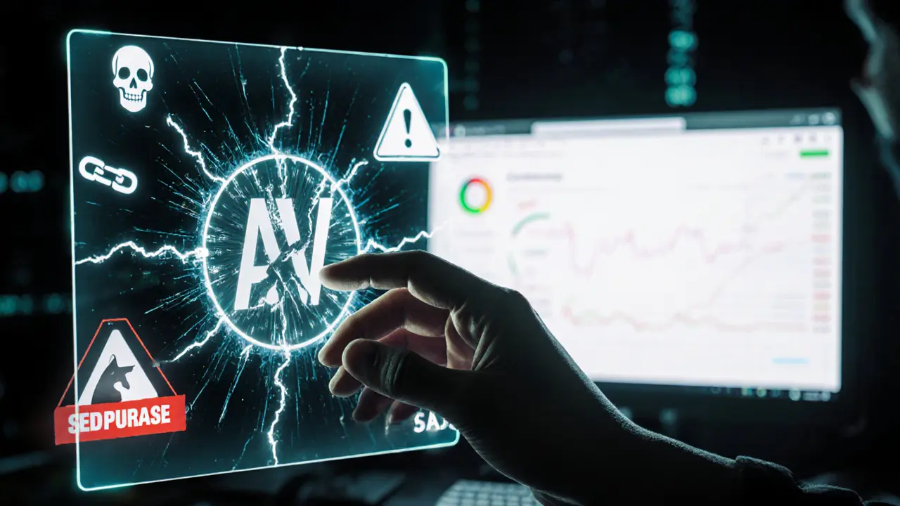 Hand hovering over a glitching ARV token screen with warning symbols and a clean CoinMarketCap dashboard in background.