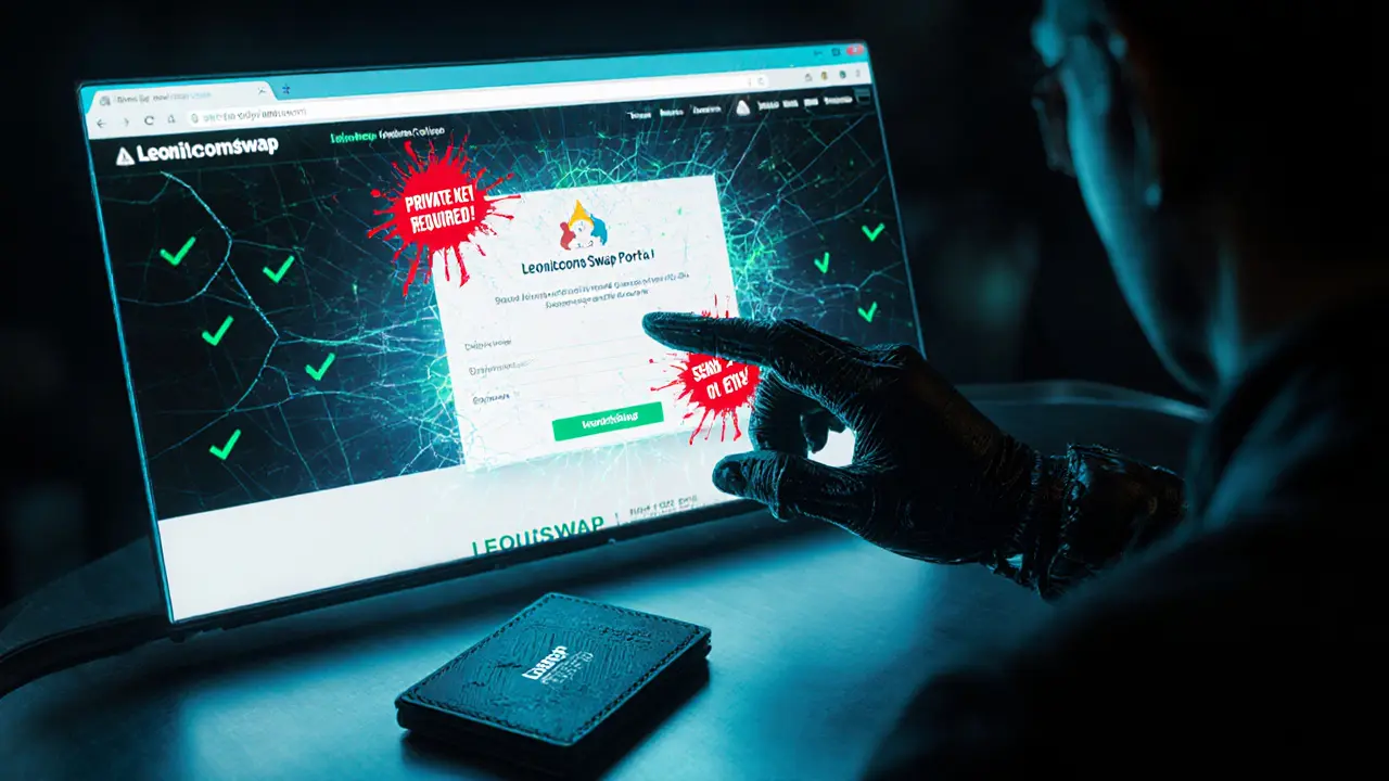 Hand hovering over fake airdrop portal with warning symbols, safe hardware wallet nearby.