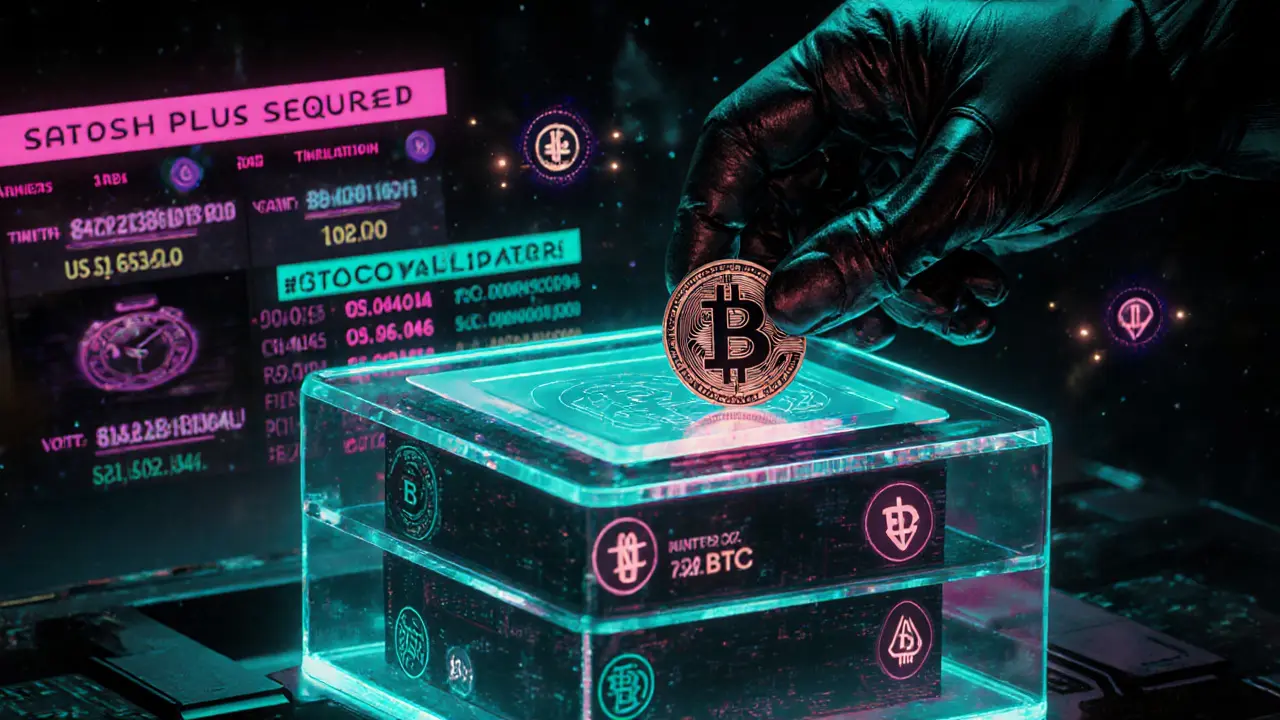 Hand inserting Bitcoin chip into terminal with three-layered validator interface glowing behind.