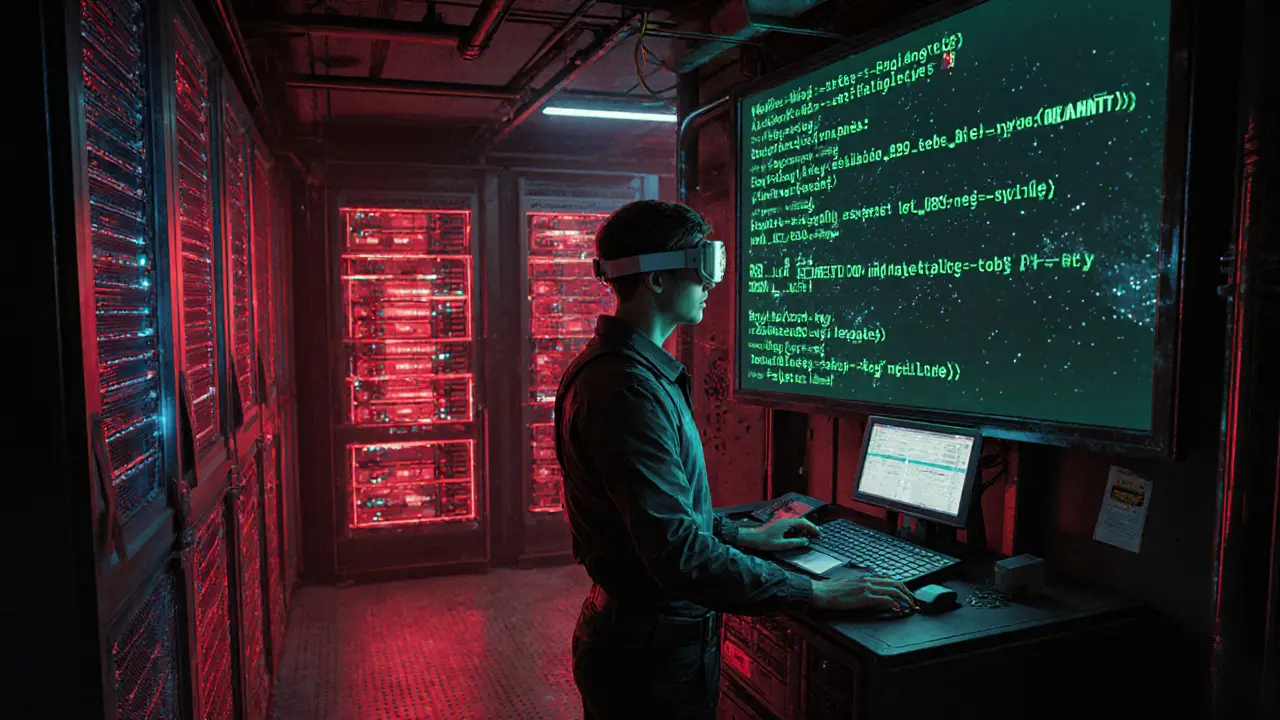 Hidden crypto hub with technicians monitoring Travel Rule data streams in glitching green code.