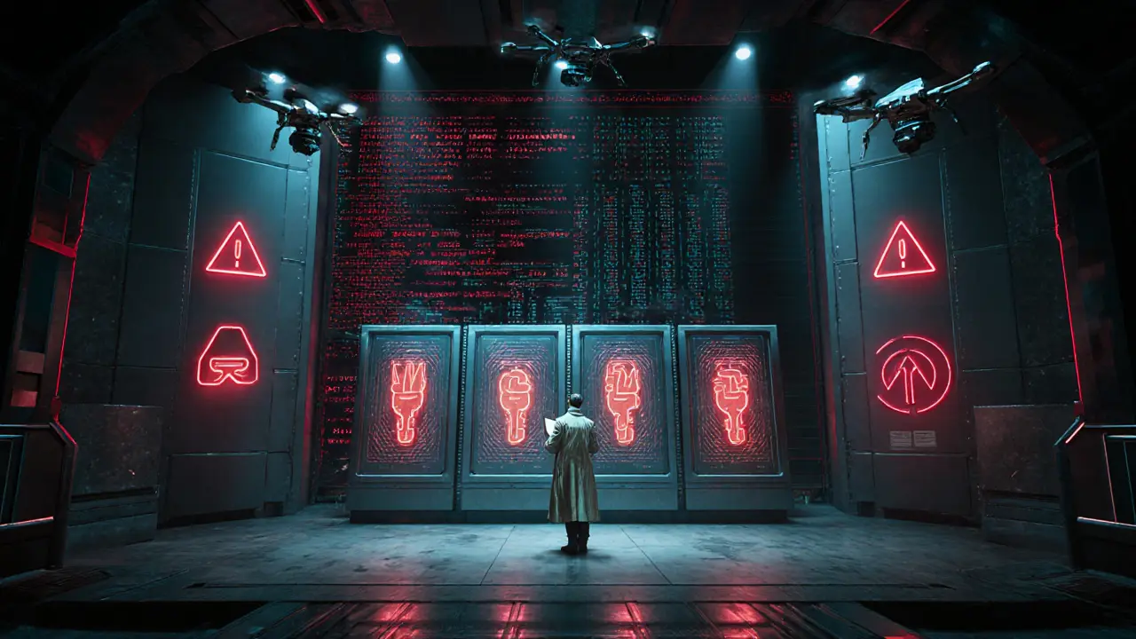 High-security vault with multi-sig keys and real-time transaction monitoring in cyberpunk style.