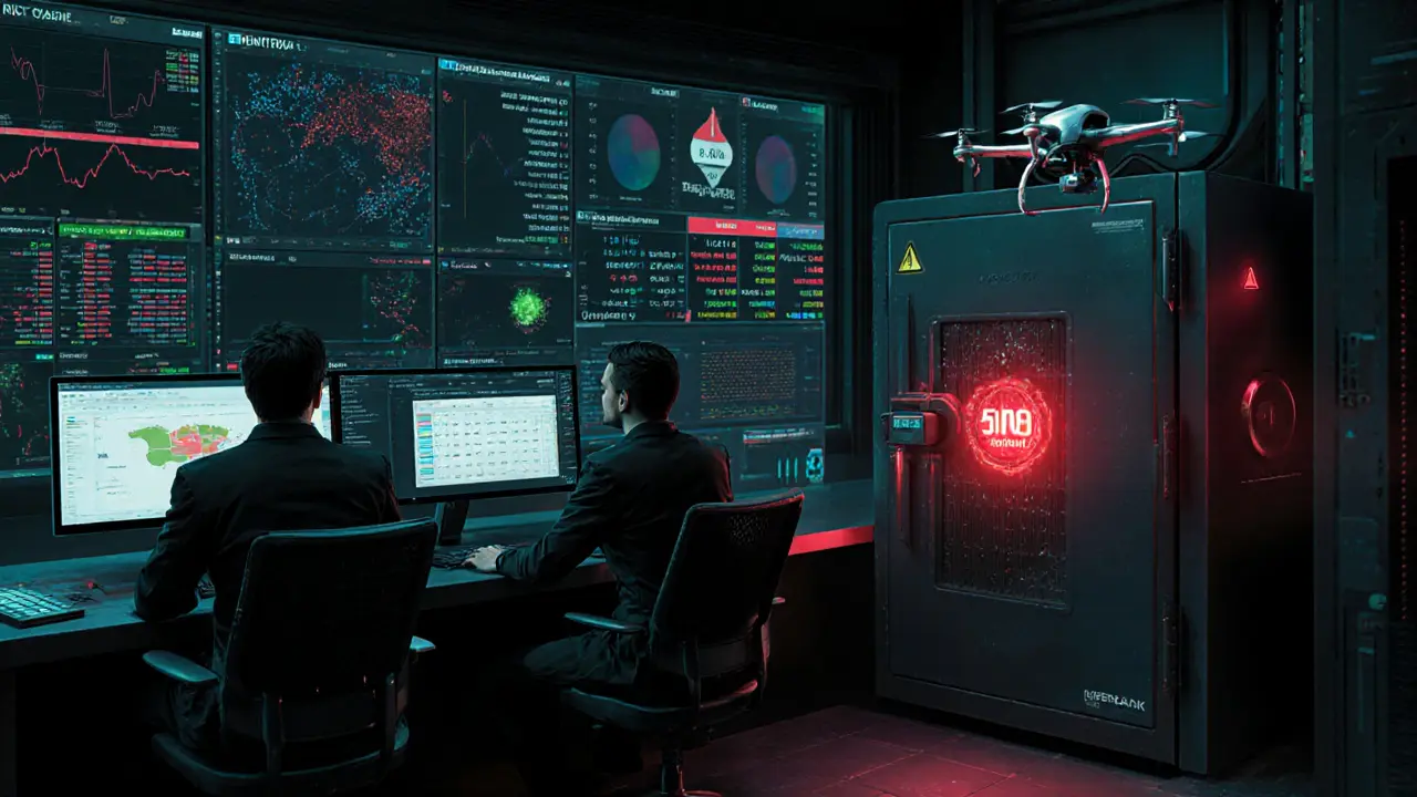 High-tech control room with analysts monitoring AML dashboards, a locked capital vault, and a CMB inspection drone hovering outside.