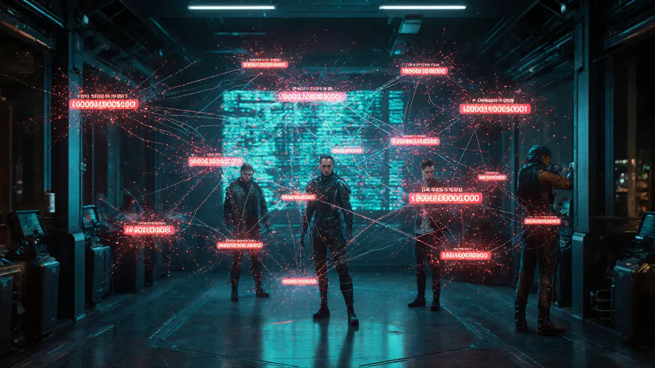 Holographic 3D graph showing flagged crypto transactions and real-time risk analysis in a command center.