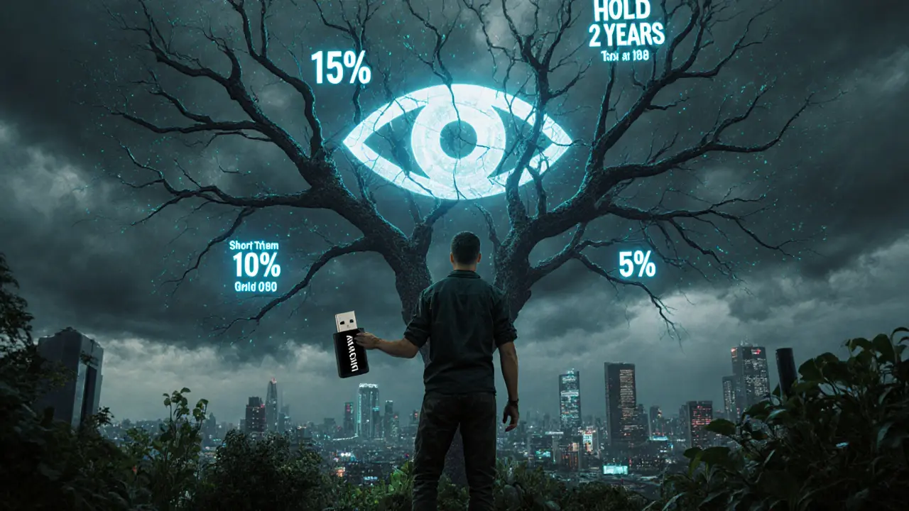 Investor on rooftop with tax-rate tree, 0% branch dead, IMF eye watching from sky.