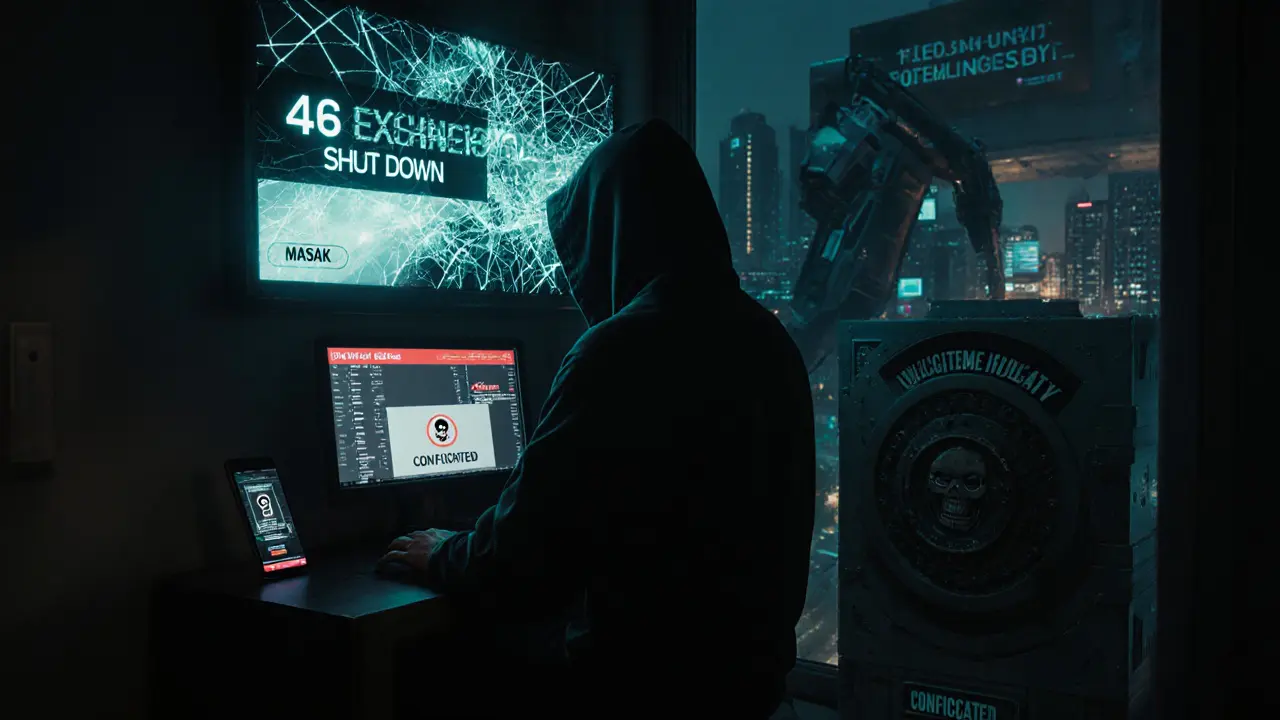 Lone user accessing a banned exchange via VPN, beside a confiscated phone showing a MASAK freeze notice, under a &#039;Licensed Only&#039; billboard.