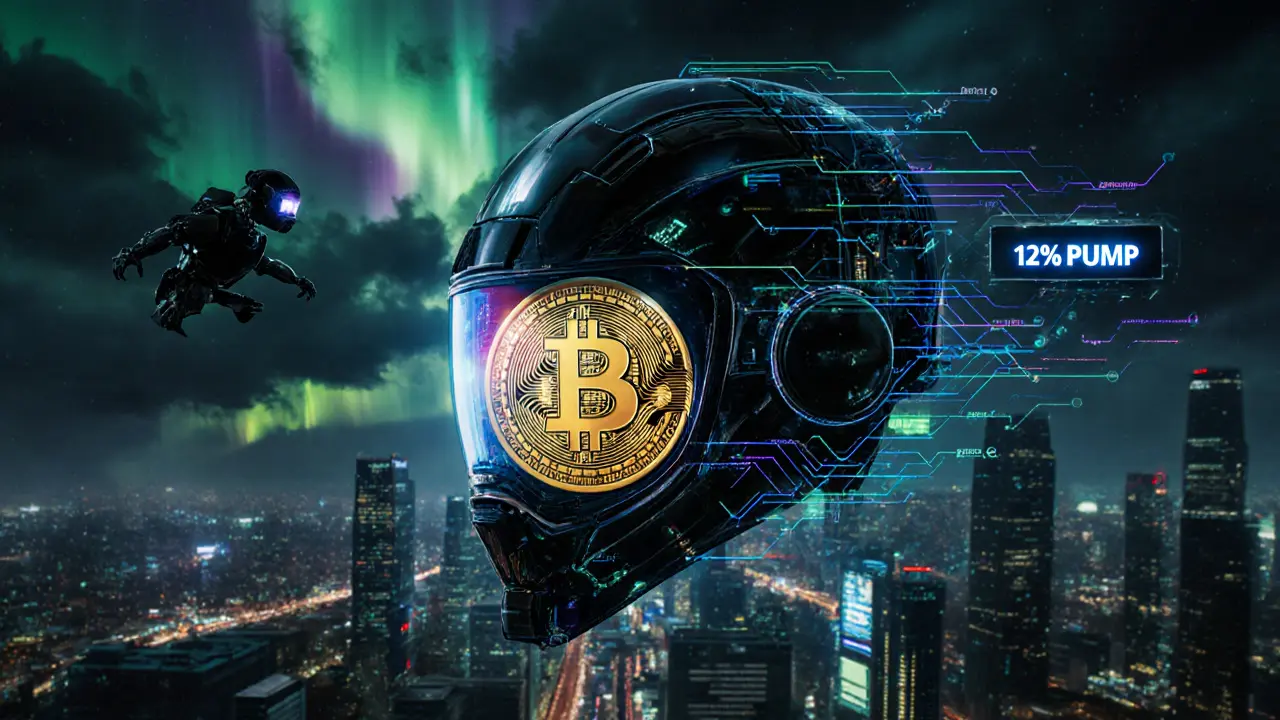 Miner&#039;s helmet view showing block being filled with prioritized transactions, city of data centers glowing behind.