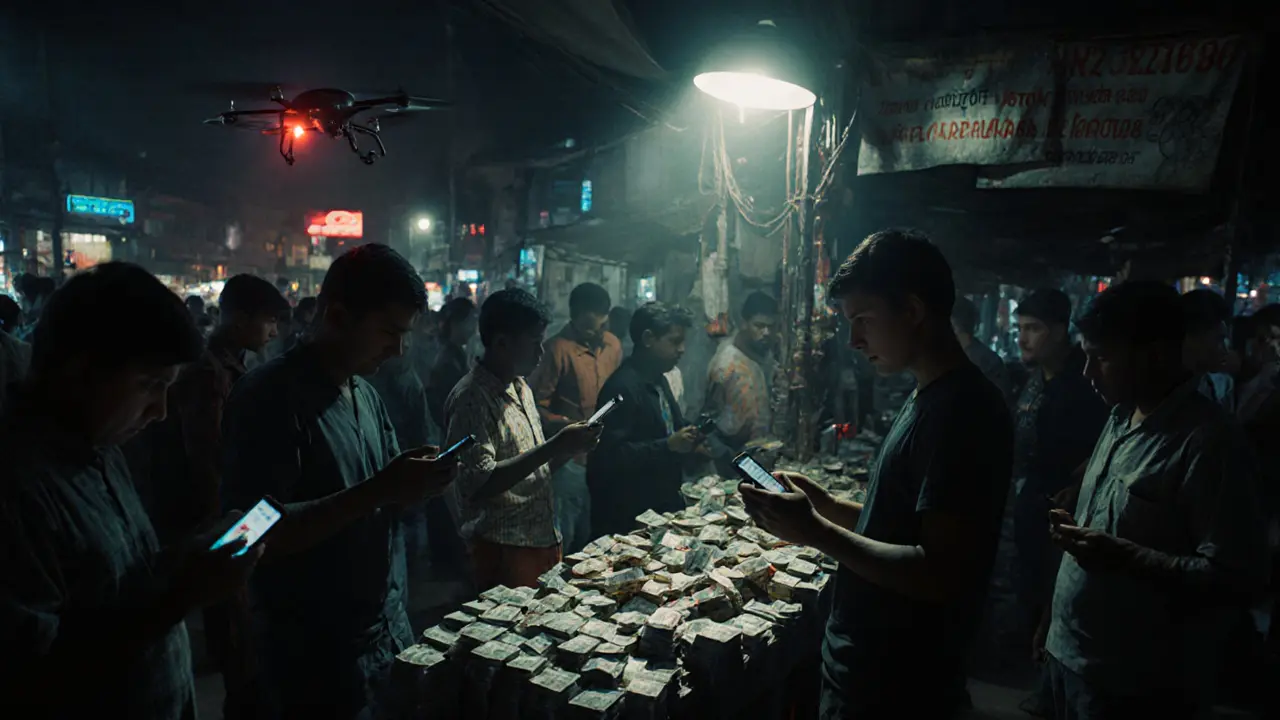 Night market crypto exchange in Dhaka with cash and burner phones, police drone scanning the crowd.