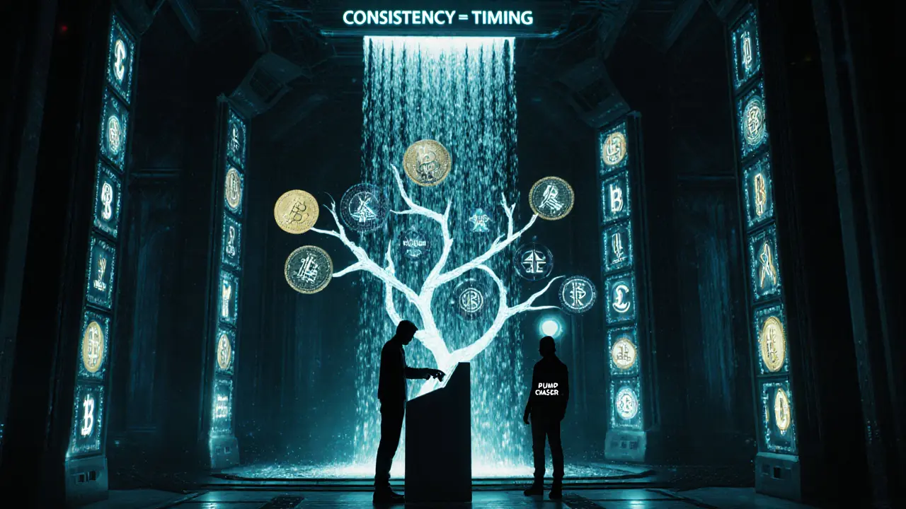 Person inserting fiat card into automated crypto terminal under a holographic portfolio tree of diversified coins.