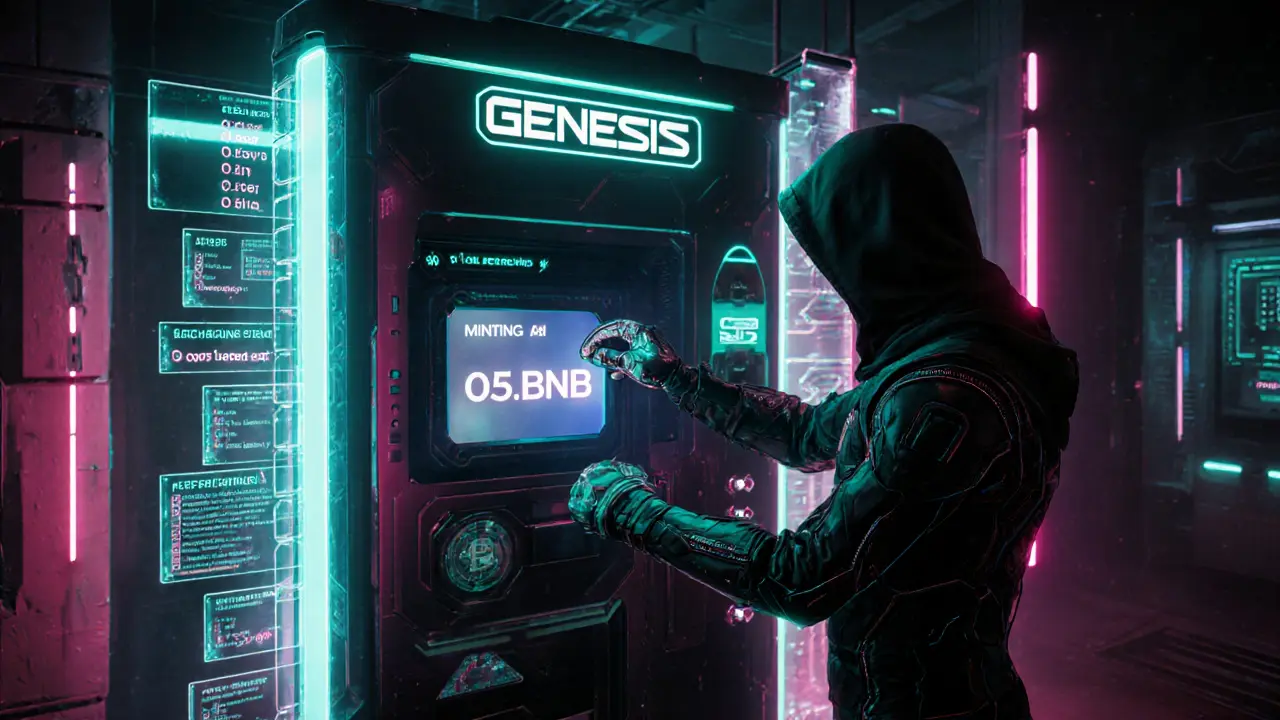 Person minting a Genesis NFT at a high-tech terminal with holographic countdown and task lists.