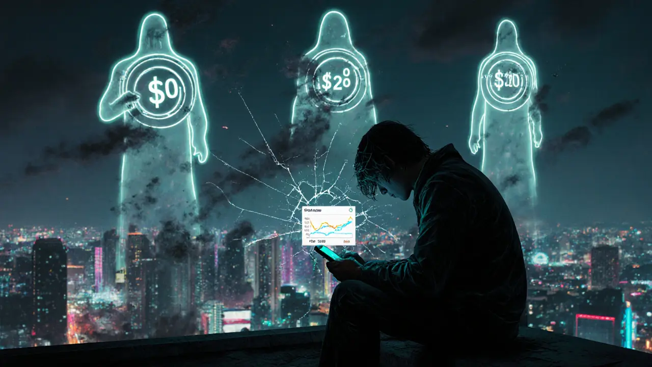 Person staring at low ARV price on phone while ghostly price targets crumble above a neon city skyline.
