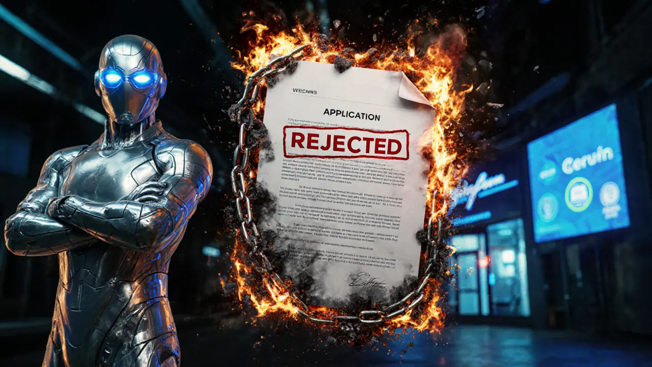 Rejected VASP application burning as regulatory AI inspector watches from behind.