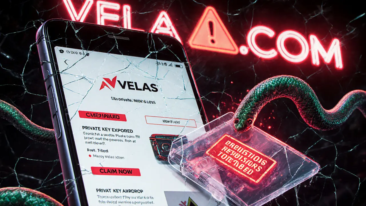 Smartphone showing fake Velas airdrop site draining crypto tokens, with red security warnings.