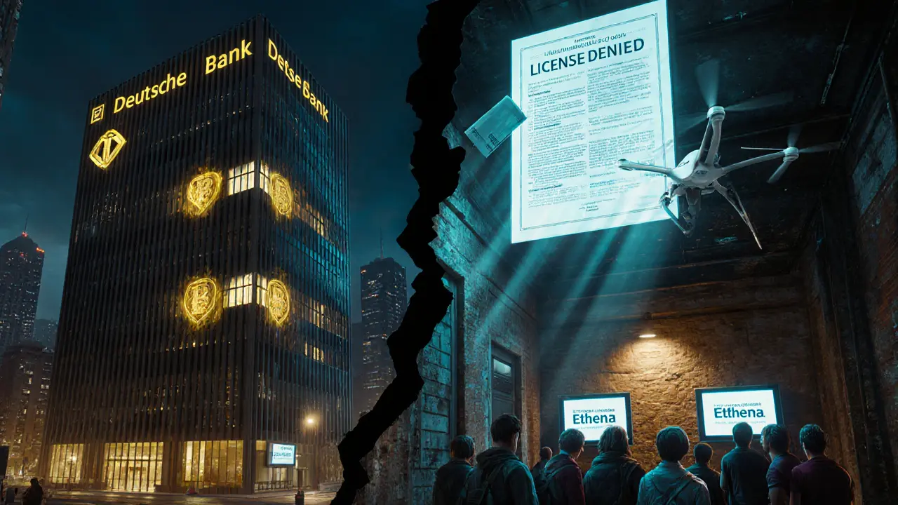 Split cityscape: licensed bank tower vs. failed startup, with legal reclassification hologram above.