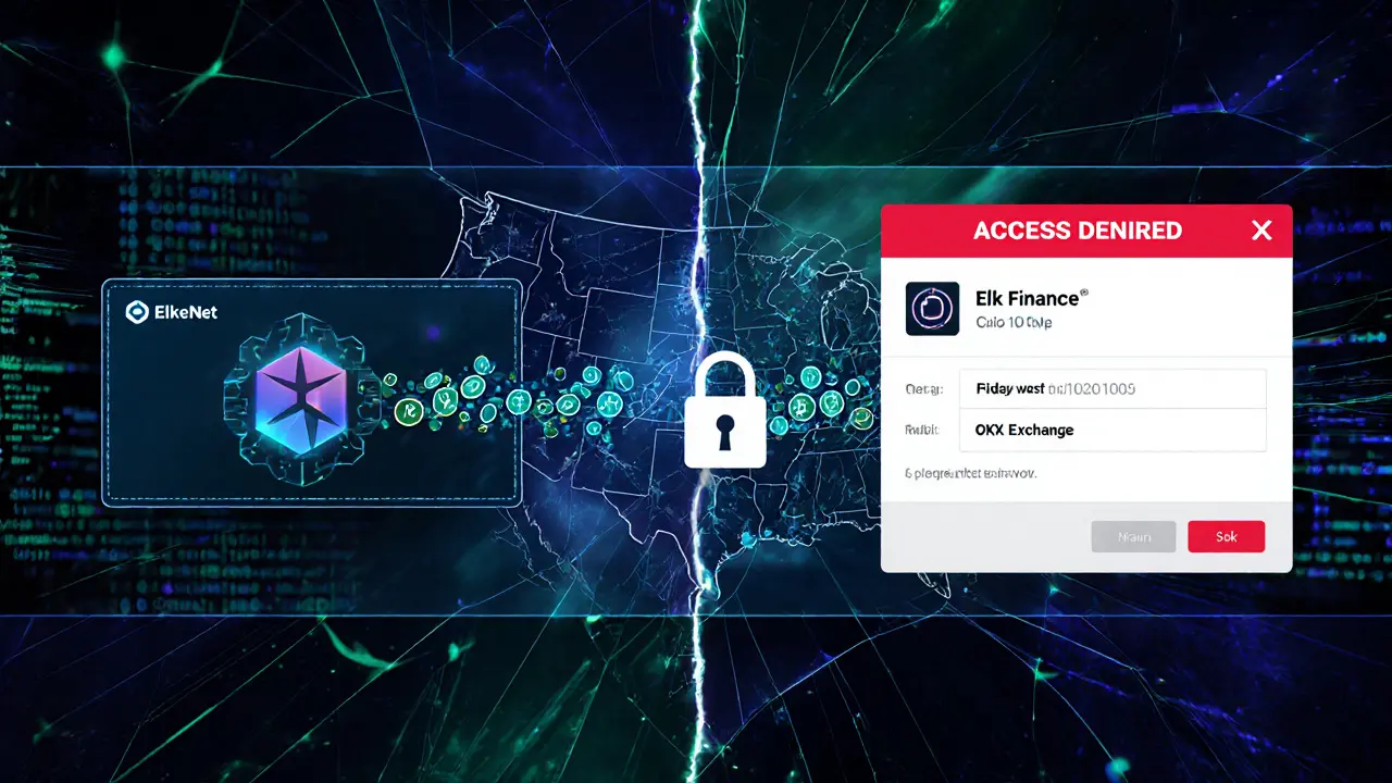 Split cyberpunk vision: decentralized Elk Finance swap vs restricted OKX account with U.S. access denied.
